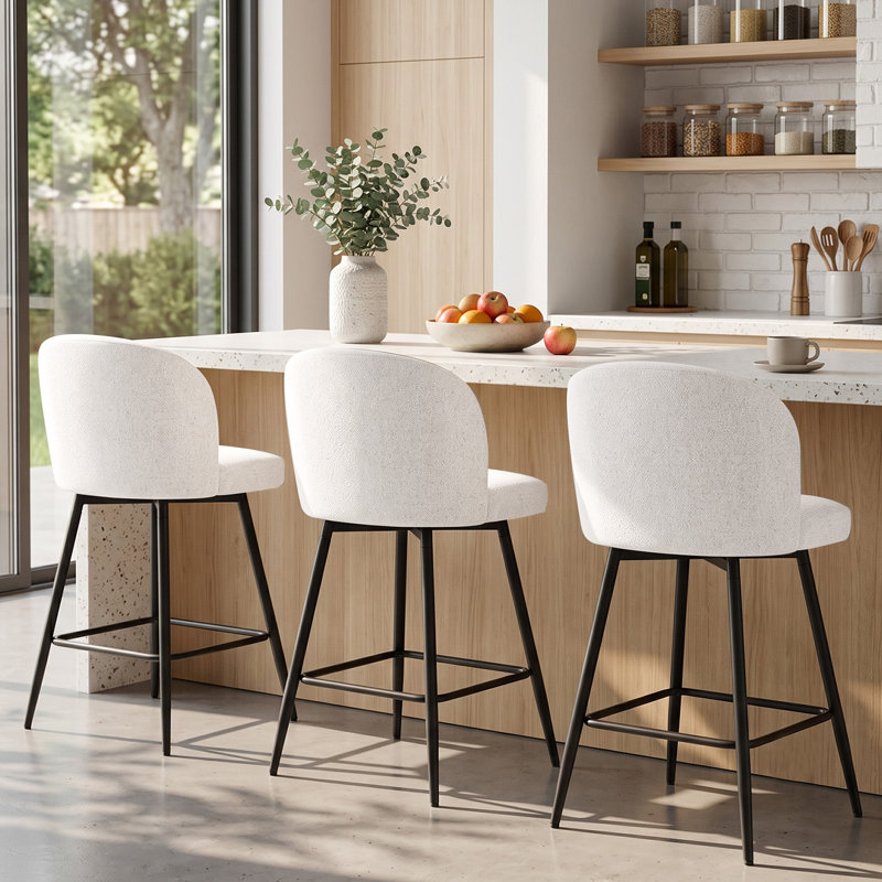 Ensemble de 3 tabourets de bar pivotants à 360 °, Blanc / tissu, 3
