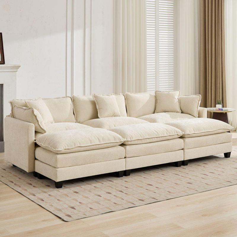 Schmucker Modular Sleeper Sectional Sofa, Oversized Cloud Couch With Ottoman, Beige Chenille, 33" H x 113.8" W x 35" D