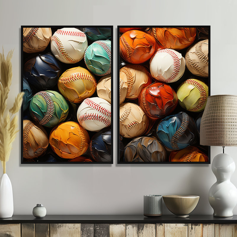 Baseball Collage I - art mural multicolore 2 panneaux, Impression encadrée flottante, Noir, H 36 po x l 48 po