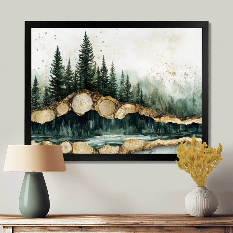 Arbre émeraude pin sur bois, glissade I - forêt, art mural grand, H 12 po x l 20 po, Cadre simple noir