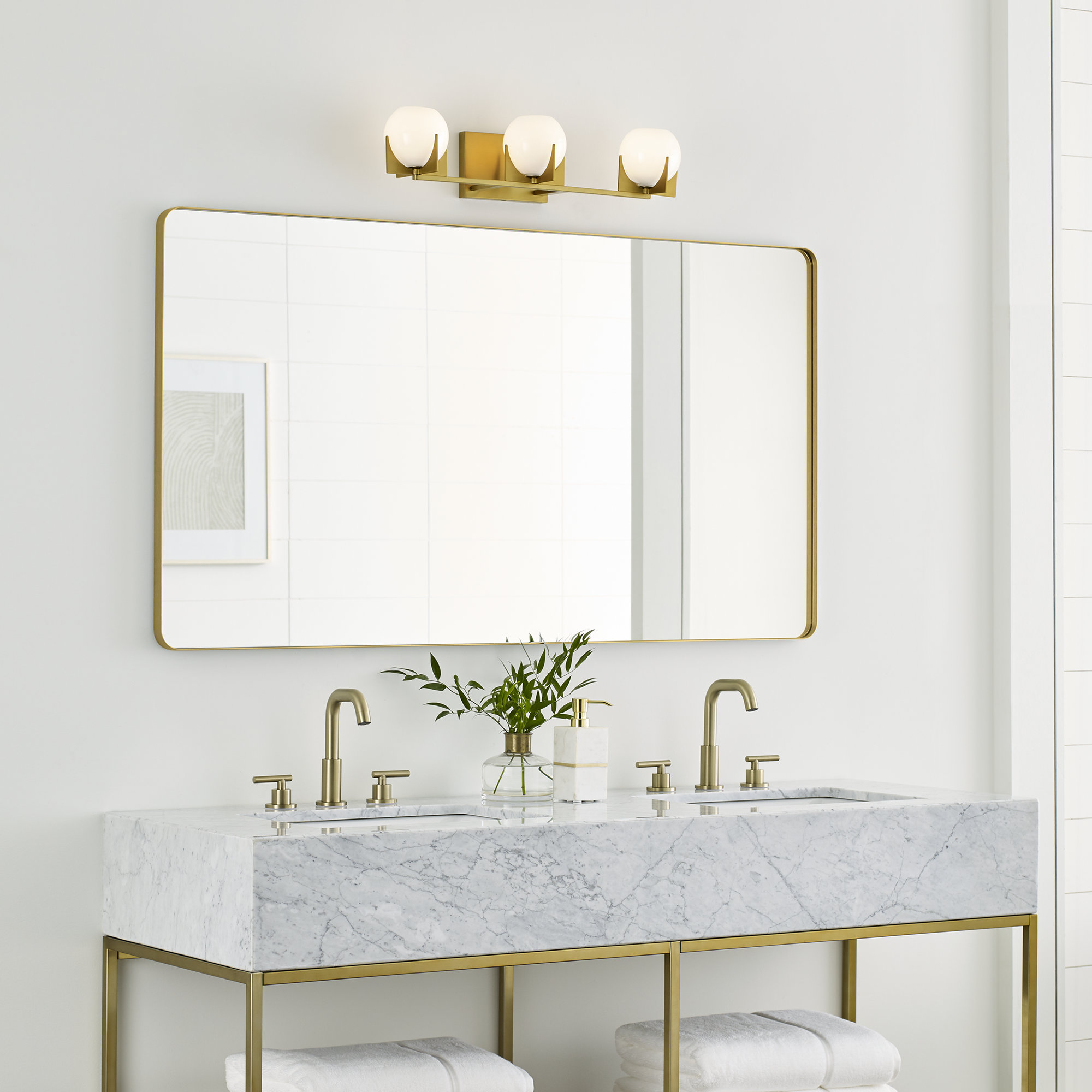 Abbott 3 Light Frosted Dimmable Vanity Light, Burnished Brass