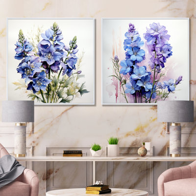 Blue And Purple Delphinium Flower Bouquet I - Delphinium Wall Art Prints Set Of 2