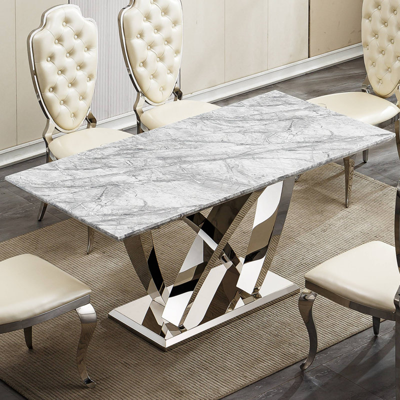 Table de salle à manger en marbre pour 6 personnes, table de salle à manger rectangulaire en faux marbre avec base en acier inoxydable à finition miroir, table de cuisine moderne en marbre de grande taille (table seulement)