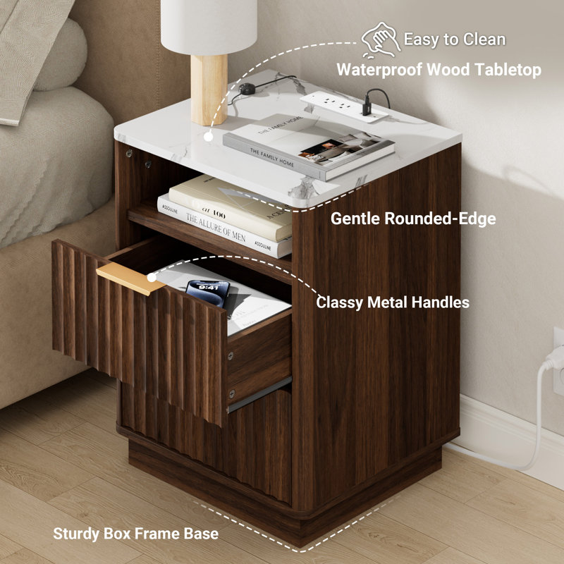 Seyla 18''W Nightstand Set of 2 with 2-Drawer Open Cubby, Built-In Charge Outlets, Walnut Wood Grain/White Stone