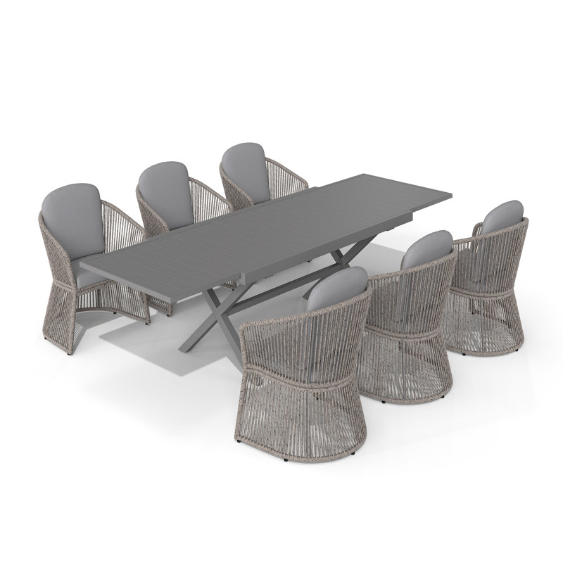 7- Piece Outdoor Dining Set With Extendable Table, Gray Cushion/Gray Frame