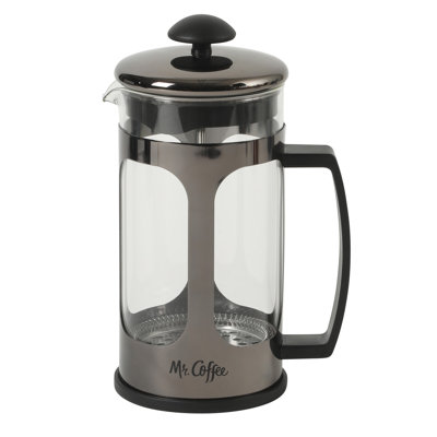 Mr. Coffee French Press Coffee Maker, 34 oz/1 Litre Glass Carafe with High Heat Resistant Durable Borasilicate Glass &  Gunmetal Frame and Plunger, Includes Coffee Scoop