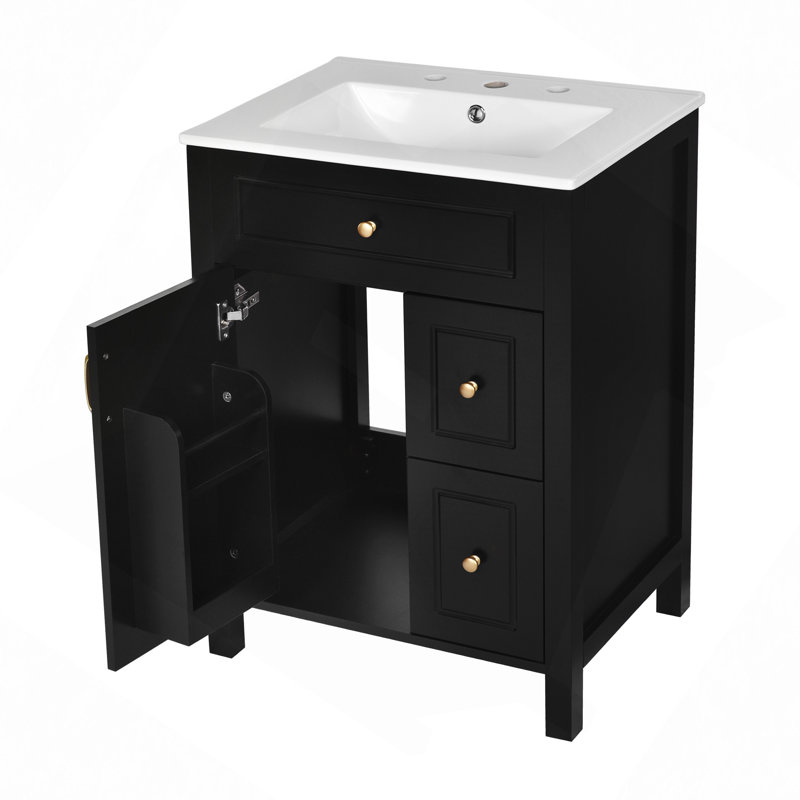 Meuble-lavabo de salle de bain avec lavabo en céramique, 1 porte à fermeture en douceur, 2 tiroirs à fermeture en douceur et 2 supports de rangement sur la porte