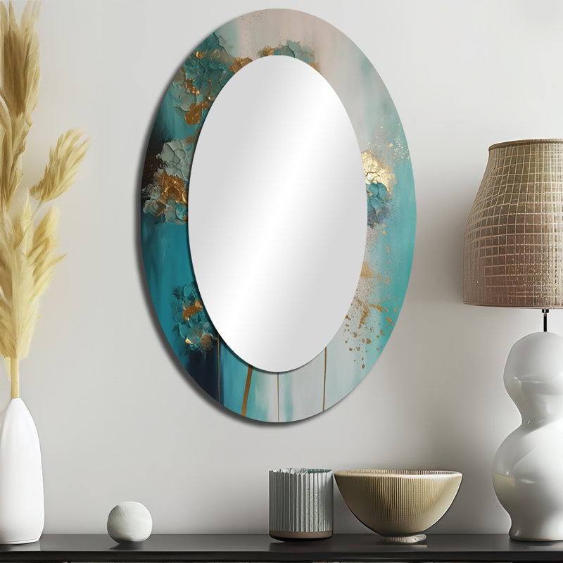 Hydrangea Flower Blossoming Gold Retro Teal Gold - Large Oval Wall Mirror On Metal, 36" x 24"