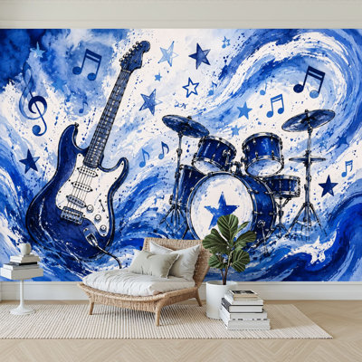Wall Mural Peel and Stick Wallpaper Music Instruments Notes Blue Abstract Splash Art Drum Set Guitar Stars Self-Adhesive Removable Contact Paper Wall Decor for Living Room Bedroom 100"H x 144"W
