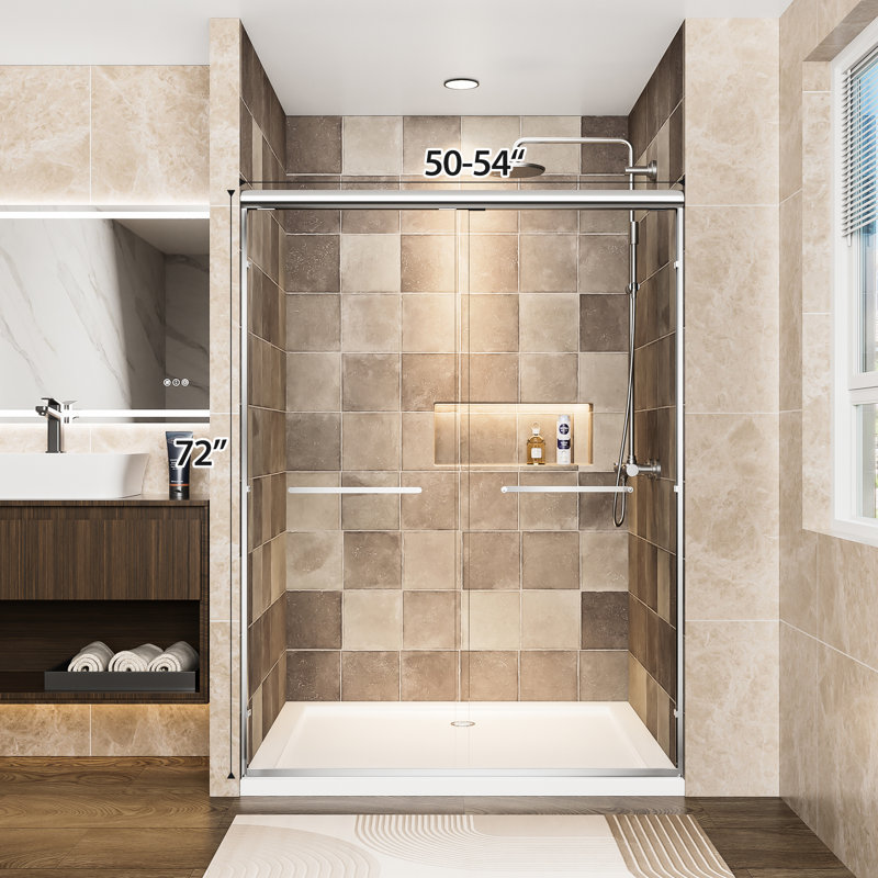 54" Wide 72" High Double Sliding Shower Door With Aluminum Frame, 1/4" Tempered Glass, - Shatter Film, Dual Stainless Steel Handles, Easy Installation, Waterproof, Reversible Install, Adjustable