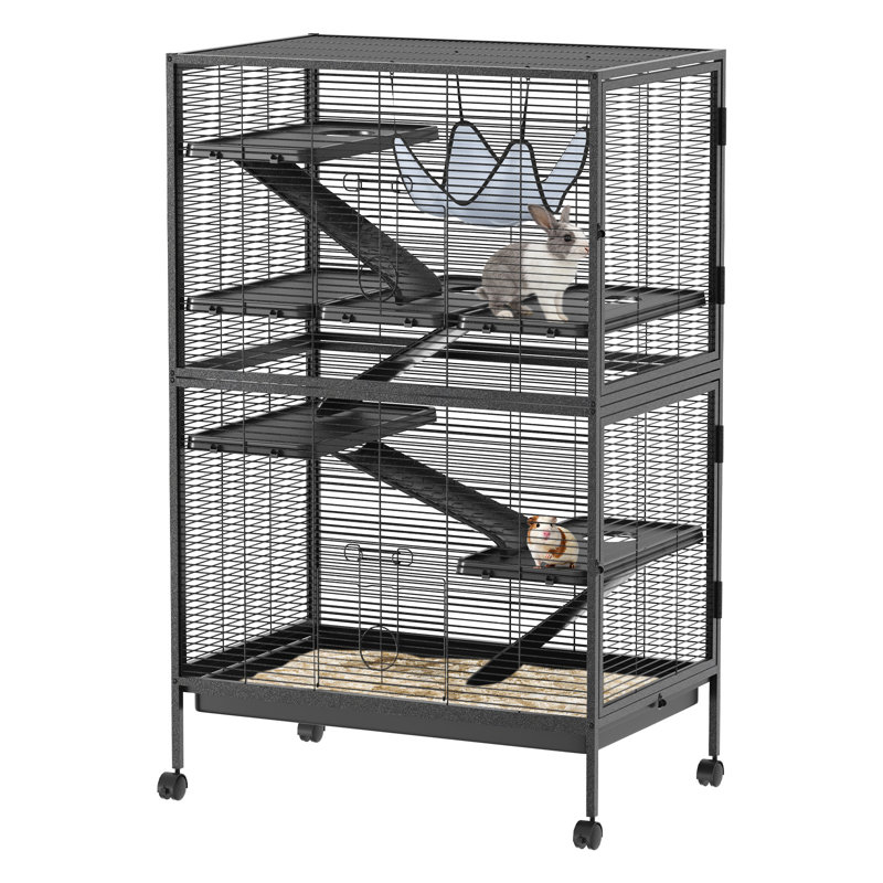 Cage en métal pour petits animaux avec roulettes, cage à 5 niveaux avec plateformes Rampes, hamac et plateau amovible pour les furets, les chinchillas, les cochons d'Inde, noir