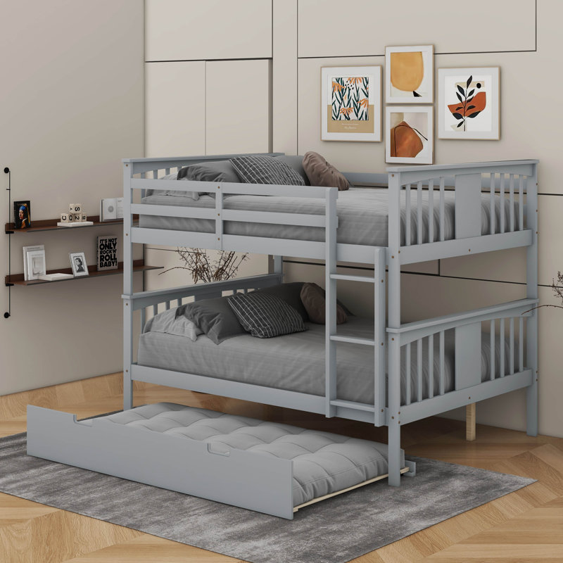 Full Over Full Bunk Bed With Twin Size Trundle And Ladder, Gray
