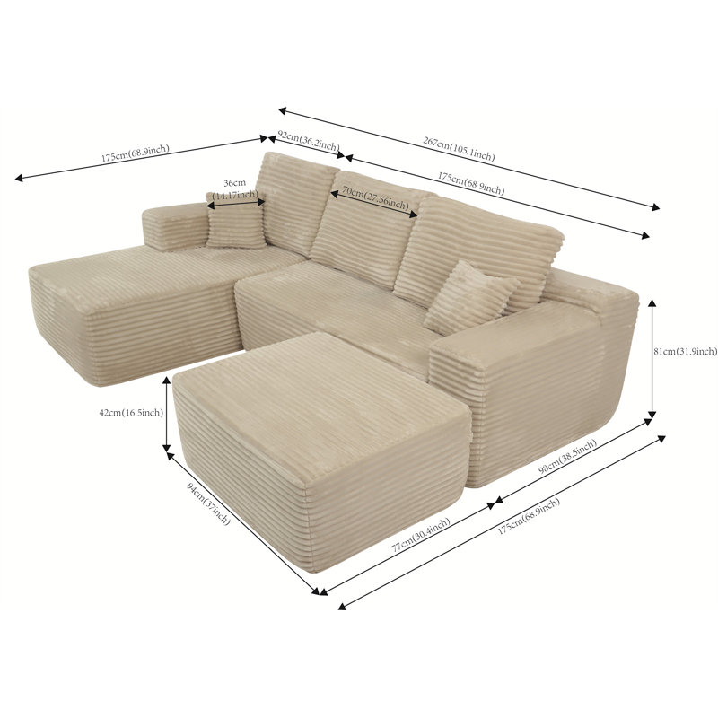 Canapé modulaire 105,7 po Cloud avec méridienne en U, Orienté à gauche (vu de face), Tissu beige