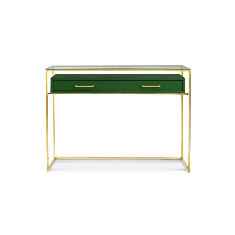 Koyande 110cm Glass Top Console Table, Gold/Green