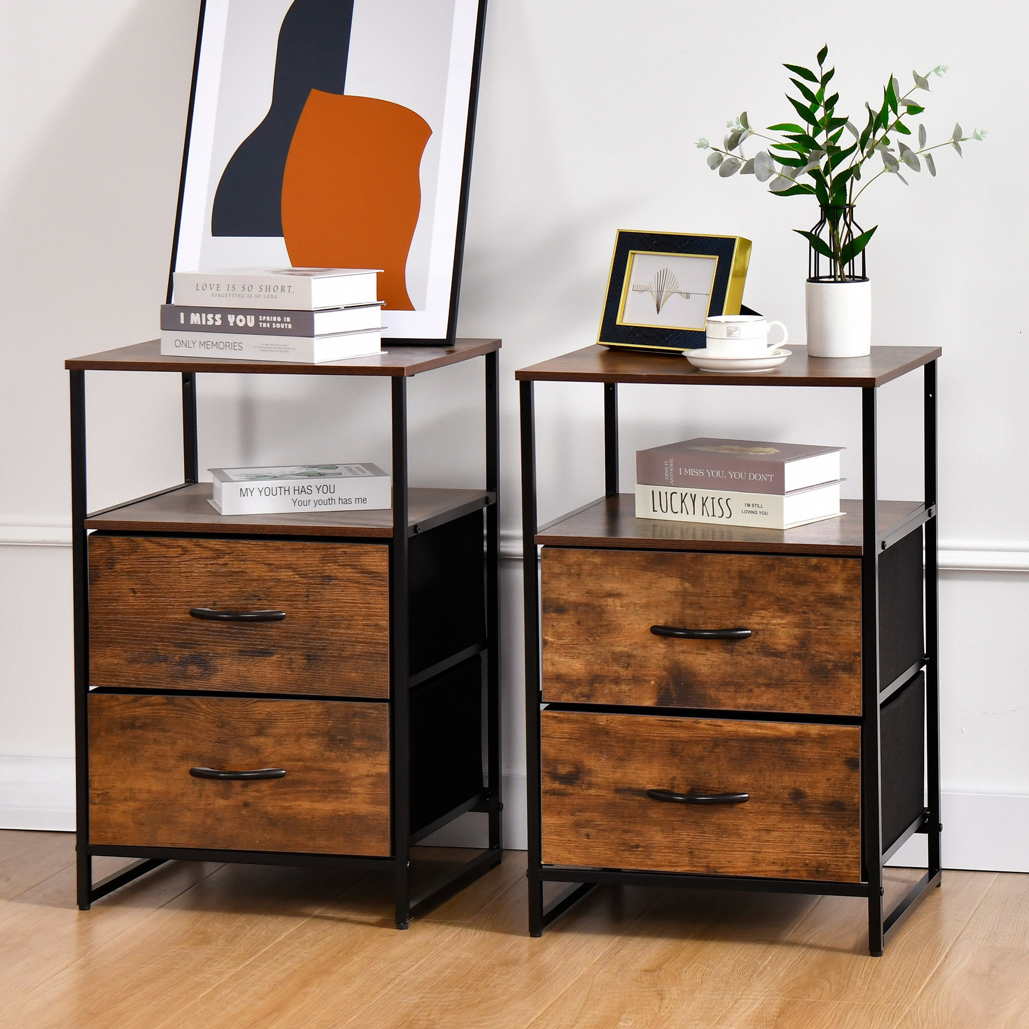 Kindall Industrial Rustic End Table Nightstand With Two Drawers And Open Shelf (Set of 2) - Walnut