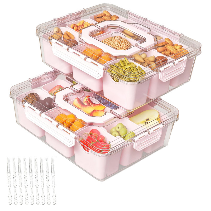Divided Serving Tray With Lid & Handles, 9-Compartment Snack Box, Charcuterie Organizer For Candy, Nuts, Fruits, Snacks, Pink, 2 Pack