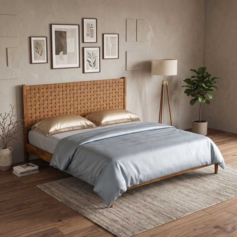 Lit plateforme Mid-Century moderne en bois avec tête de lit en cuir végétalien tissé, King, Caramel