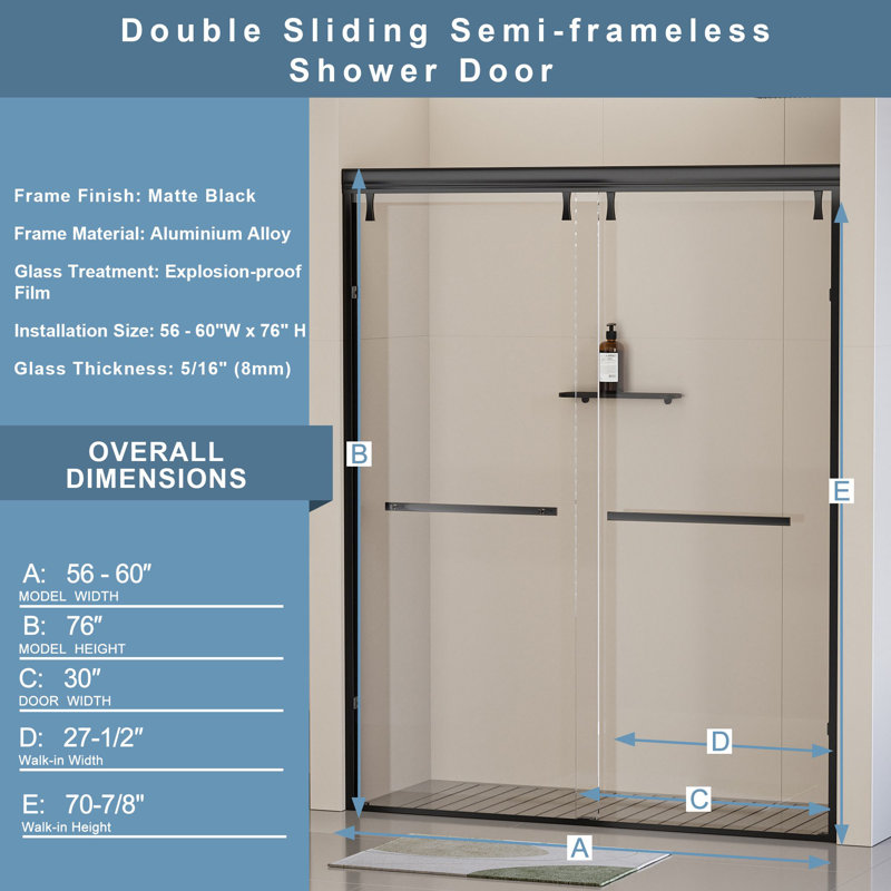 Matte Black Aluminum Double Sliding Shower Door with Clear Tempered Glass