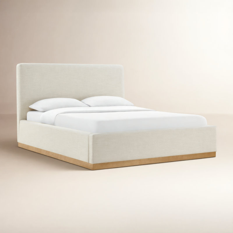 Delpha Grounded Upholstered Wood Base Bed, Queen, Effie Linen Performance Linen