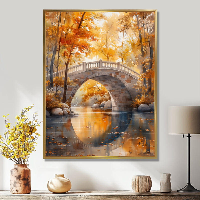 Salon de l'art mural jaune et beige, automne, rivière de beauté II, Cadre flottant doré, H 32 po x l 24 po x P 1 po