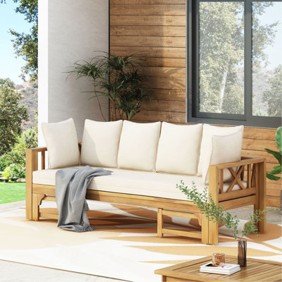 Canapé d'extérieur extensible 3 places en bois d'acacia, canapé rembourré, méridienne, méridienne spacieuse et méridienne de patio