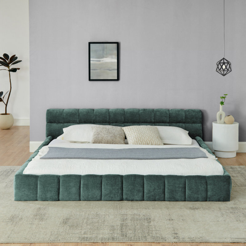 Structure de lit tapissier avec tissu épais, lit plateforme en chenille avec tête de lit et structure solide. Aucun sommier tapissier requis
