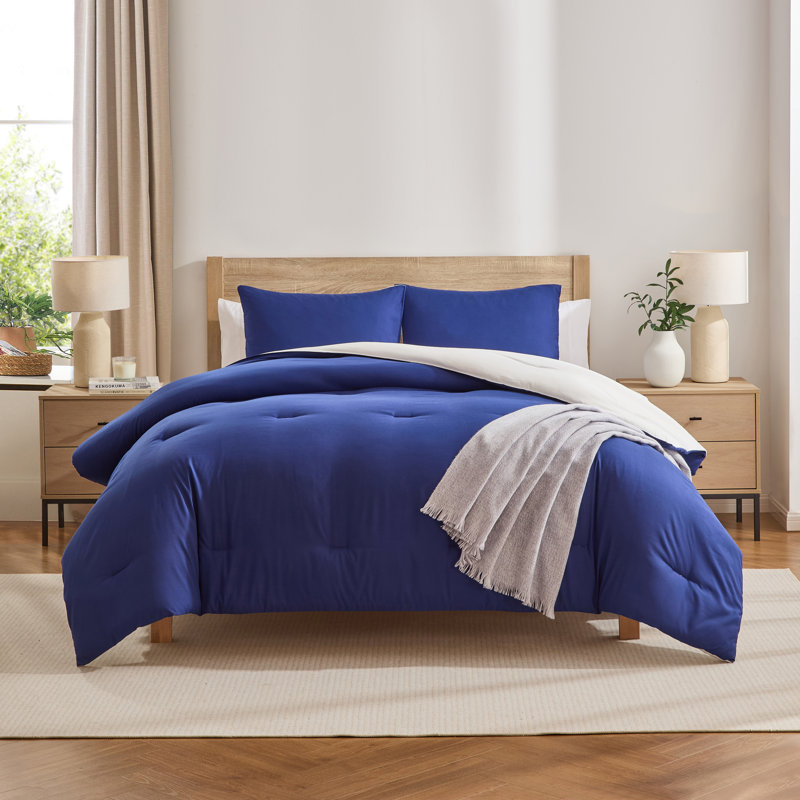 Ensemble d'édredon réversible 3 pièces ultra doux et moderne, Bleu gris / beige chaud