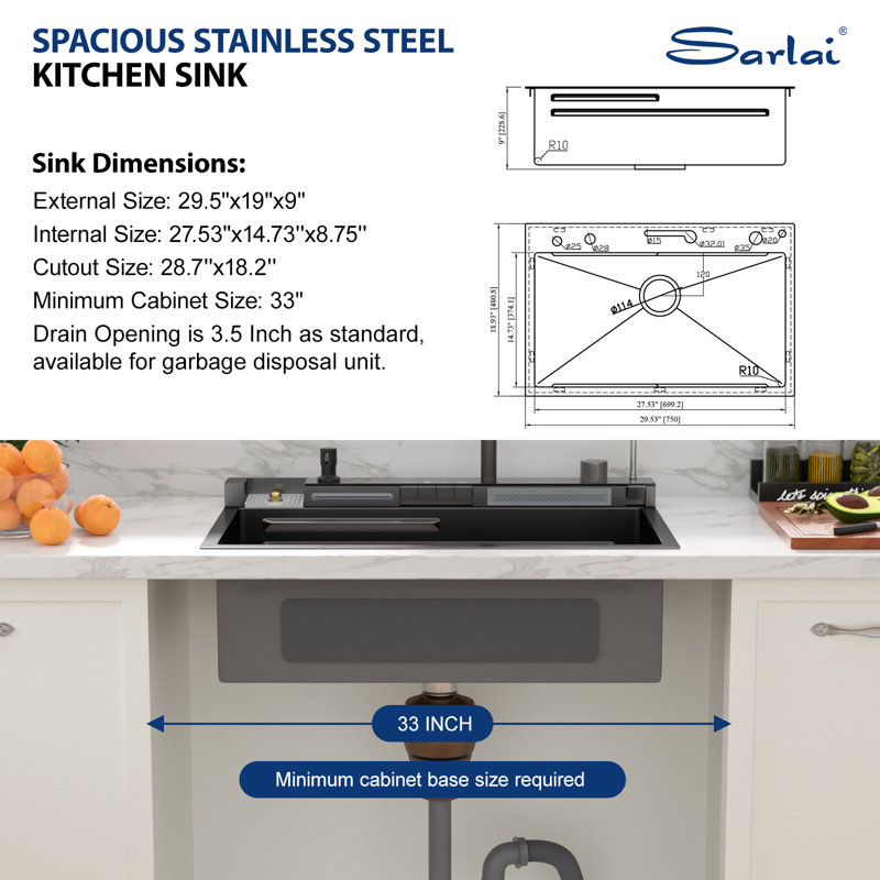 30 in. Drop-In Waterfall Kitchen Sink Stainless Steel Single Bowl Ledge Workstation Sink, Gunmetal Black