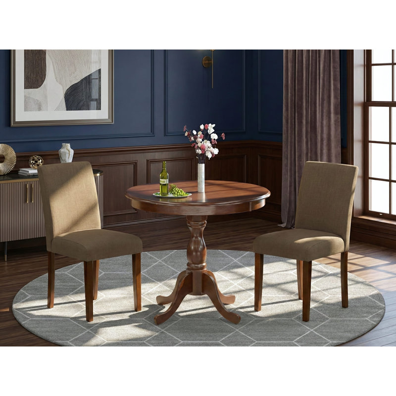 Ensemble de table de cuisine 3 pièces pour petits espaces comprenant une table de salle à manger ronde avec piédestal et 2 chaises rembourrées en tissu de lin café, acajou
