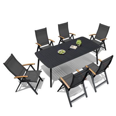 6 - Person 81.5'' L X 38'' W Rectangular Patio Dining Set with Umbrella Hole, Aluminum Frame and Folded Reclining Armchairs