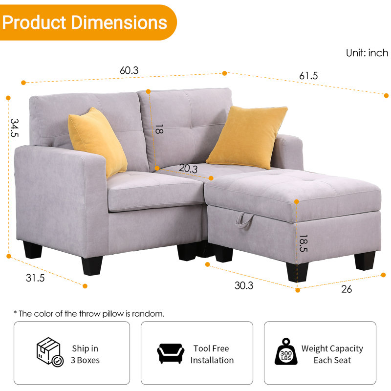 Upholstered Modern Modular Sofa, Gray