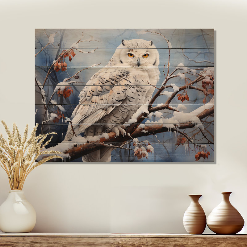 Hibou des neiges hiver II sur bois, H 30 po x l 40 po x P 0,78 po
