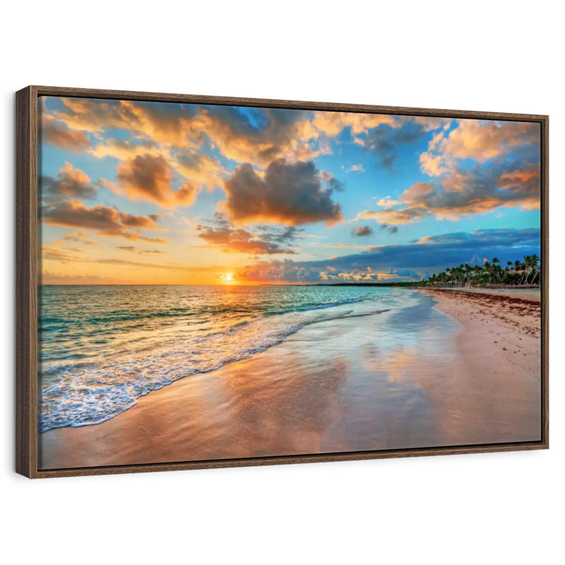 Coucher de soleil paisible à Ayotte, Cadre flottant noyer, 31 po x 21 po