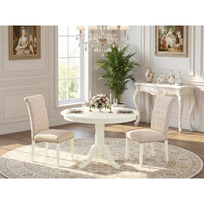 3 Piece Dining Table Set Contains a Round Dining Room Table with Pedestal and 2 Light Beige Linen Fabric Upholstered Chairs, 42x42 Inch, Linen White