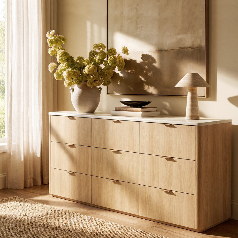 Elaren Corentin 63" Wide Dresser 9 Drawers With Storage Modern Faux Travertine Wood Chest For Bedroom Living Room