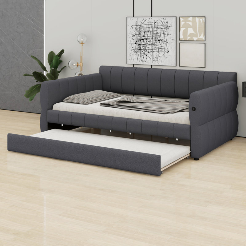 Multifunctional Upholstered Platform Bed Frame Featuring USB Ports And Convenient Trundle, Gray