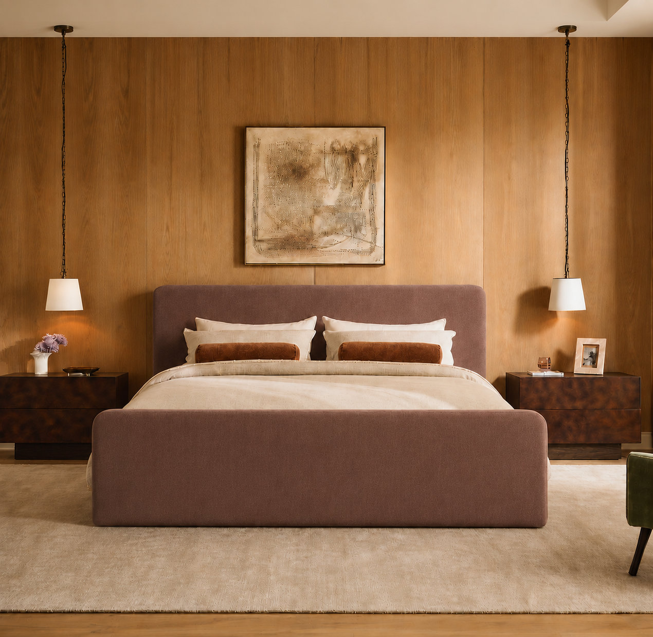 Boucle Upholstered Bed, King, Brown Velvet