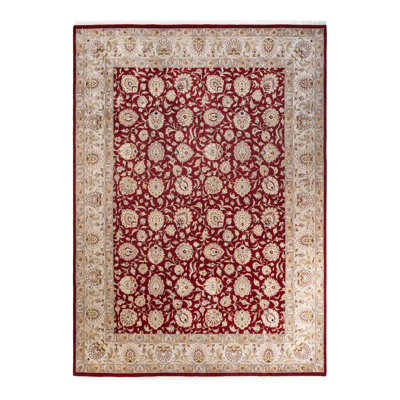 Tapis rouge / beige / vert / ivoire noué à la main de conception unique 9 pi 1 po x 12 pi 7 po Hayner