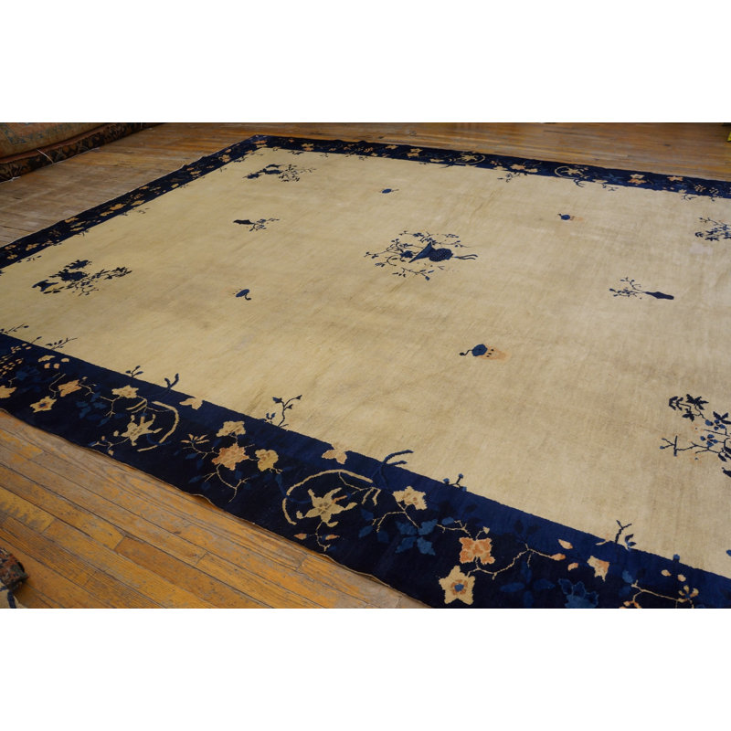 1920s Rectangle Hand Knotted Pile Wool Antique Blue Large Rug