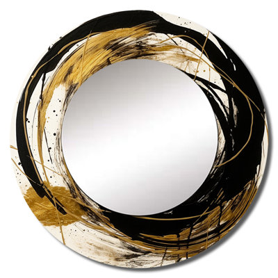 Quatia Black And Gold The Art Of Chaos IV - Abstract Painting Unique Wall Mirror Decor, Modern Large Round Mirror, Printed Metal Art