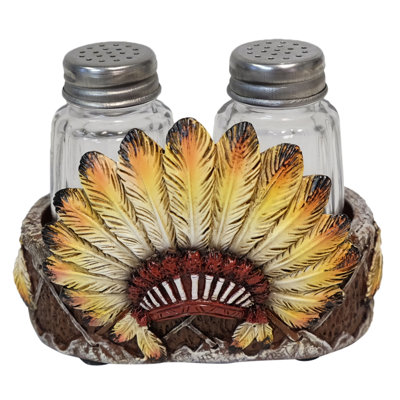 Polyresin Southwestern Native American Tribal Feather Headdress Salt and Pepper Shaker Holder Set