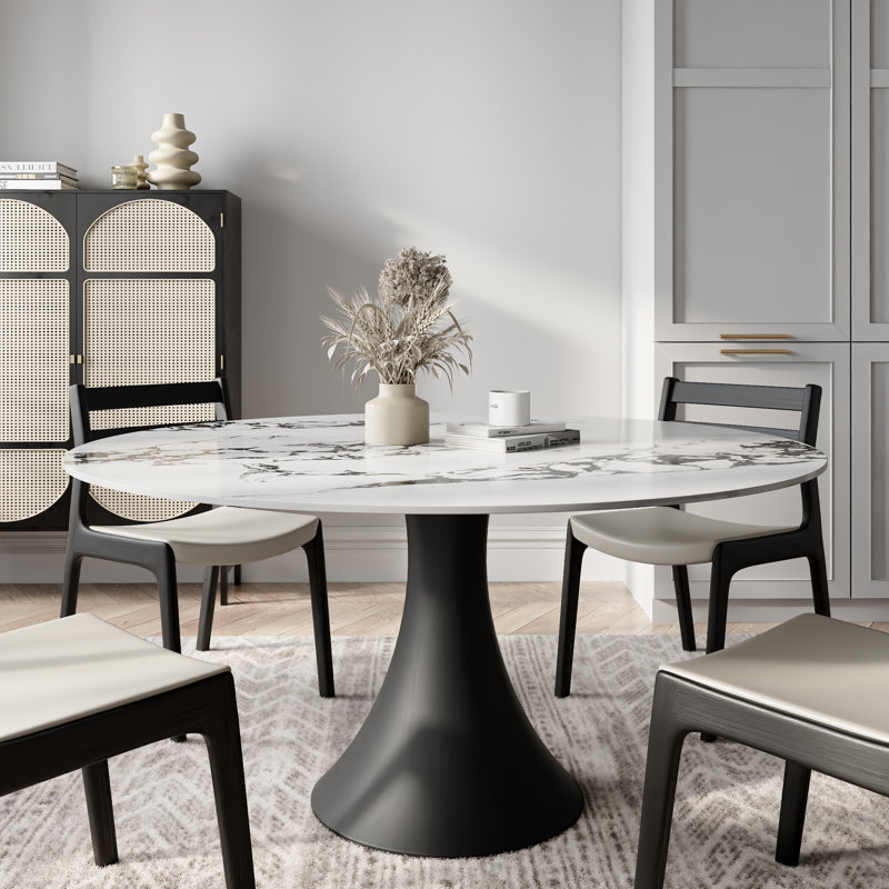 Round Glossy Sintered Stone Marble Effect Dining Table Solid Wood Pedestal Jadelyn, 29.52"H x 47.24"L x 47.24"W, Colorful