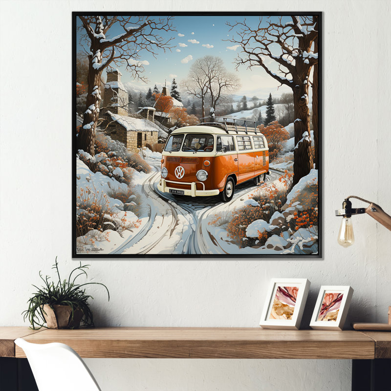 «Hippie Van Charm In Winter», reproduction sur toile, Cadre flottant noir, H 24 po x l 24 po x P 1 po