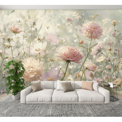 Boho Peel and Stick Wallpaper Vintage Watercolor Airy Garden Blush Roses Wildflowers Wall Murals 100"H x 144"W Removable PVC Wall Paper Self-Adhesive Wall Decor for Bedroom Living Room Nursery