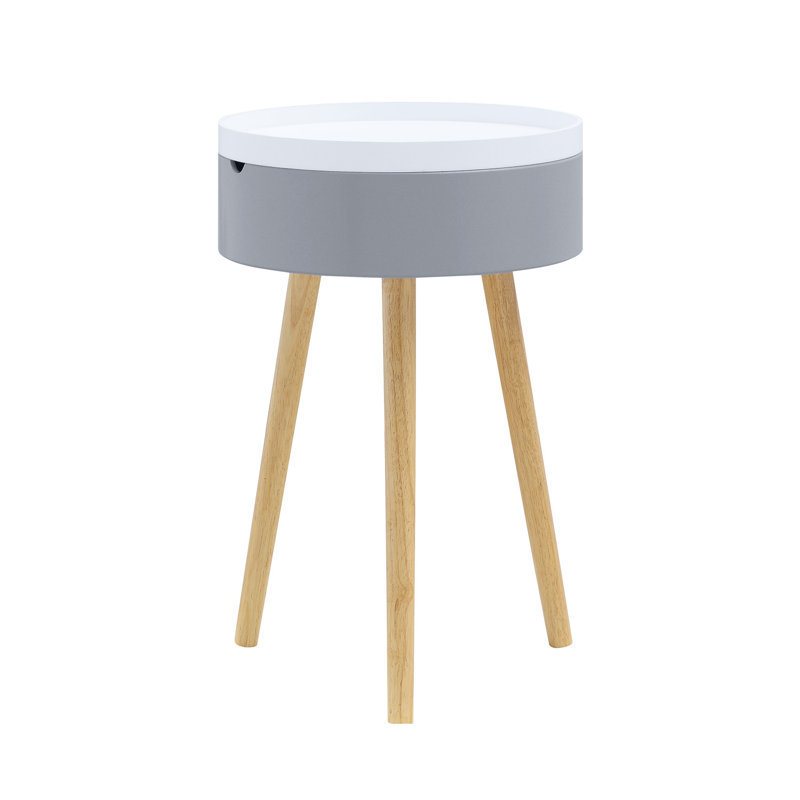 Gray and White Round Tray Top End Table with Natural Wood Legs