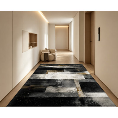 Tapis abstrait moderne, motif géométrique noir et blanc, surface en velours, antidérapant, décoration intérieure élégante pour salon, chambre, entrée, appartement, bureau