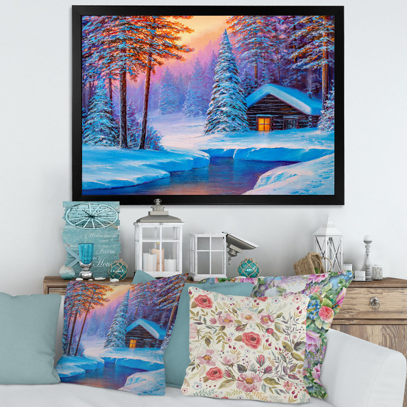 «Old Cabin In Winter Forest I», reproduction d'art sur toile, H 16 po x l 32 po x p 1 po, Cadre noir