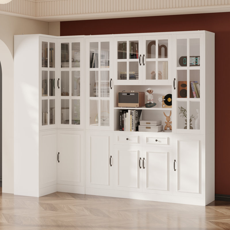 94.5" Corner Pantry Cabinet With Glass Doors, Drawers, And Adjustable Shelves, Freestanding Kitchen Storage Hutch