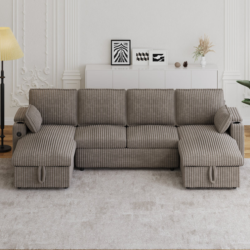 Canapé modulaire en U de 104 po en velours côtelé avec chaises de rangement et lit escamotable, Velours côtelé gris