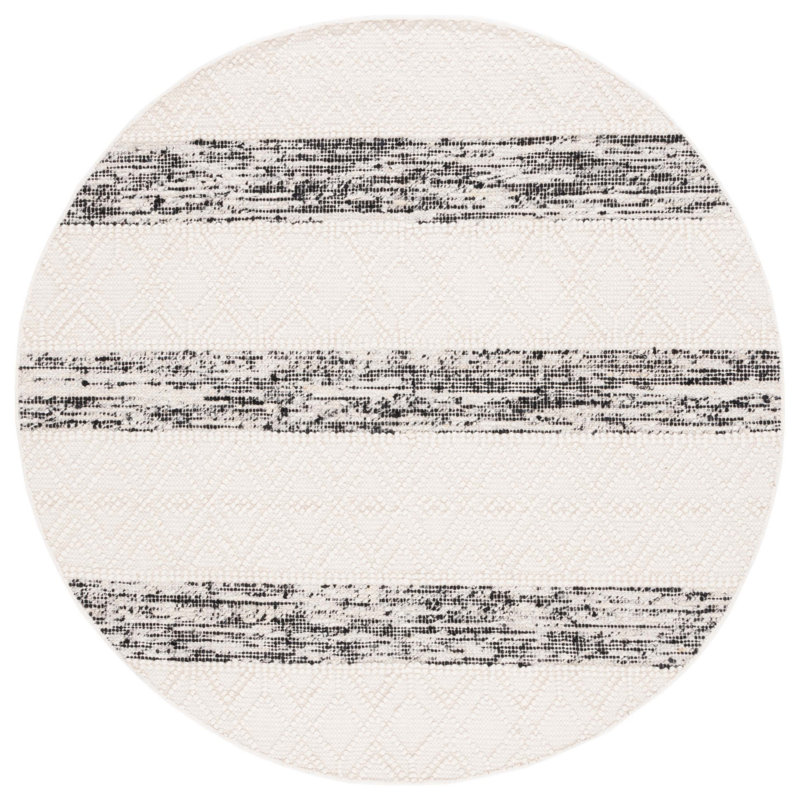 Tapis rayé en laine / coton fabriqué à la main en ivoire / noir Archie-John, Rond 6 pi